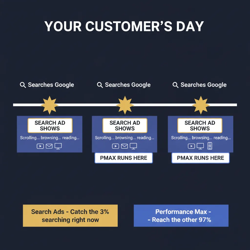 Timeline showing a customer's day with brief moments of searching Google separated by long stretches of scrolling Shorts, reading Gmail, and browsing websites where Performance Max runs