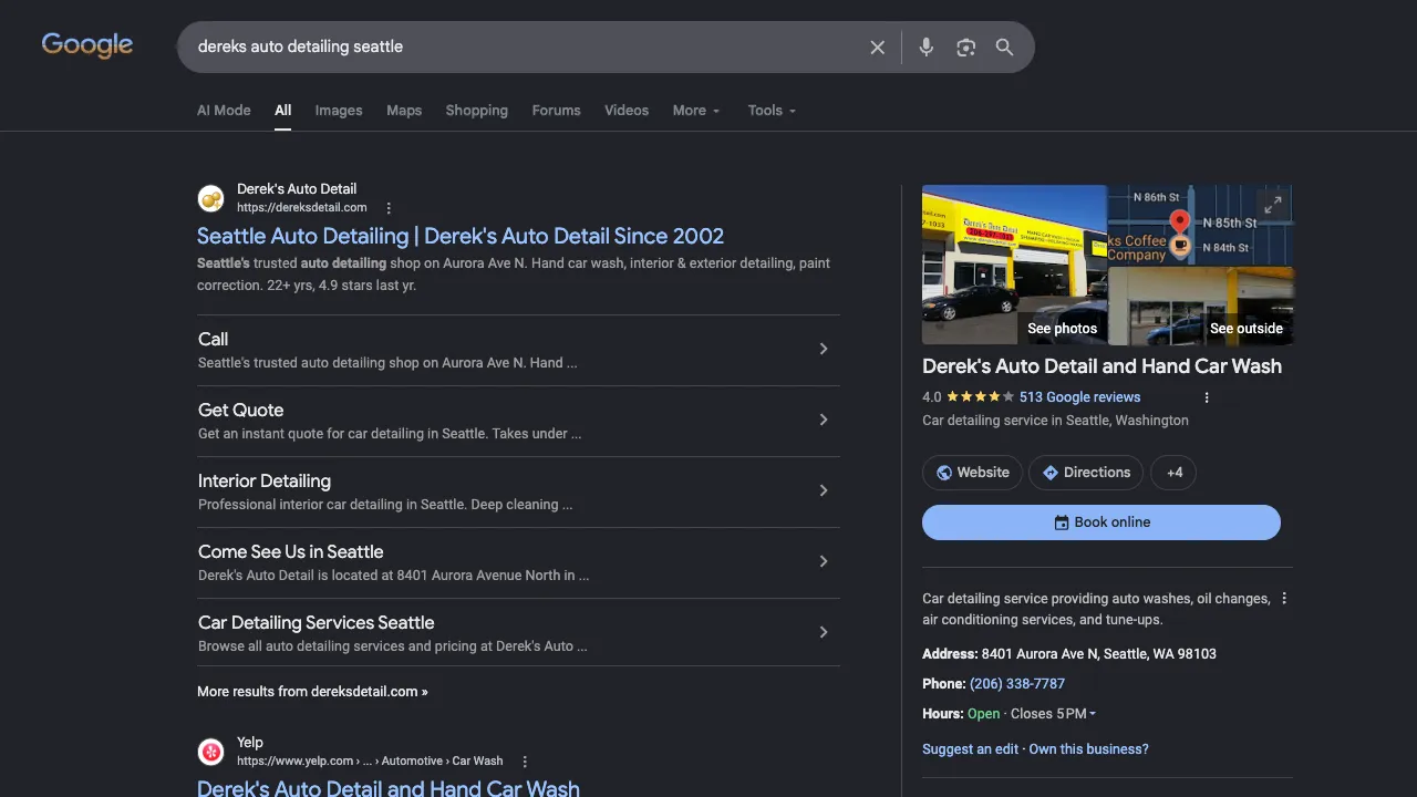 Google search results for "Derek's Auto Detail" showing the shop owning the entire first screen: the knowledge panel, the local listing, organic results, and a paid ad — full page ownership