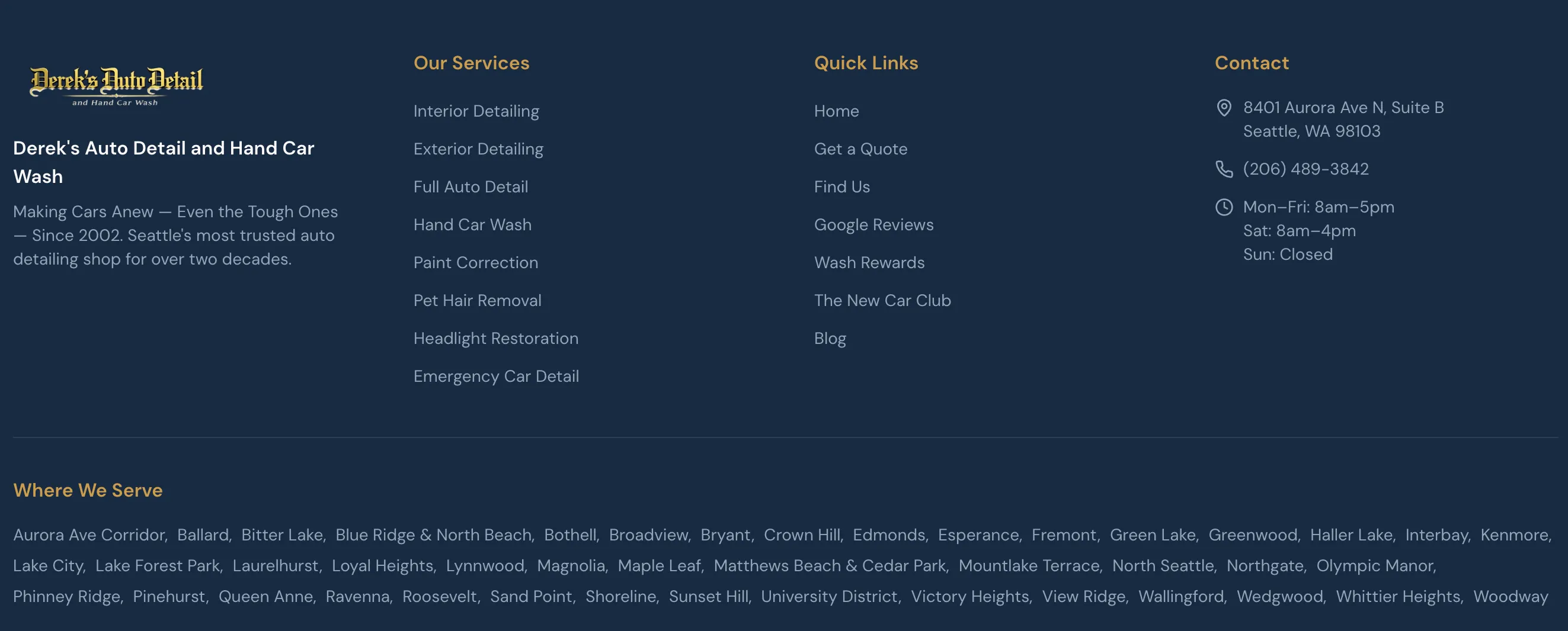 Derek's Auto Detail website footer showing the full "Where We Serve" list: 40+ Seattle-area neighborhoods including Ballard, Greenwood, Edmonds, Lake Forest Park, Fremont, Queen Anne, and more — each with its own location page