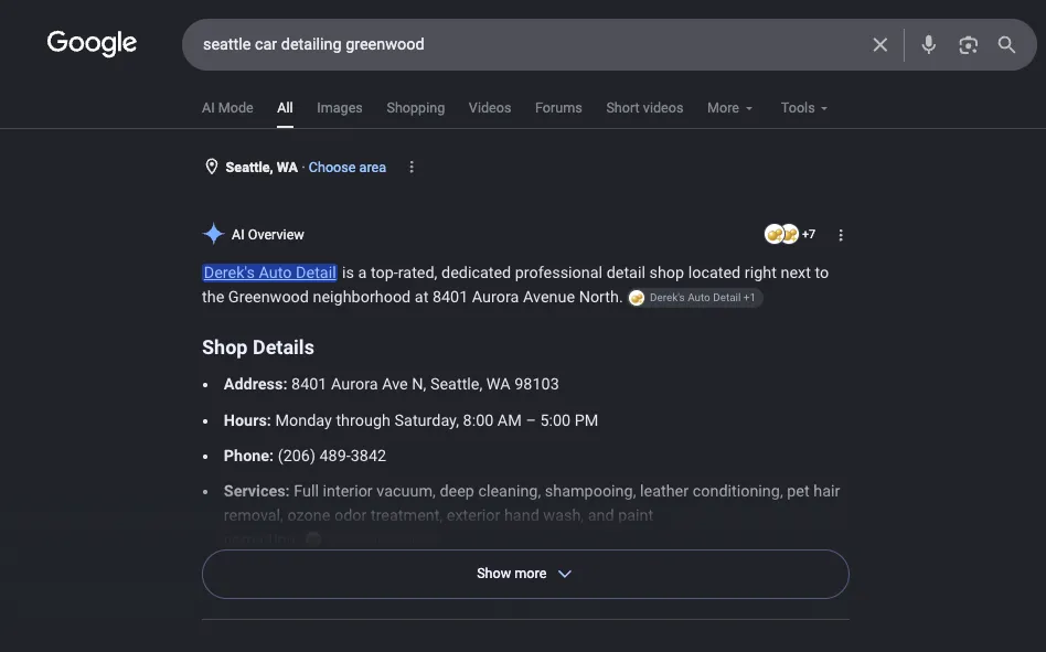 Google AI Overview for "seattle car detailing greenwood" — the overview names Derek's Auto Detail as the top-rated shop located next to the Greenwood neighborhood, citing their address, hours, and services