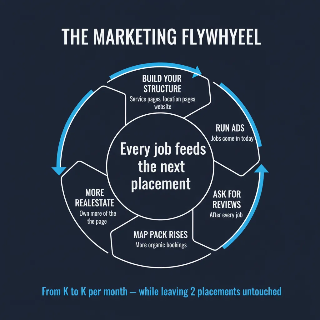 Chart showing the marketing flywheel: website structure feeds map pack ranking, map pack feeds reviews, reviews feed more bookings, paid ads amplify every step, blog builds awareness at the top of the funnel