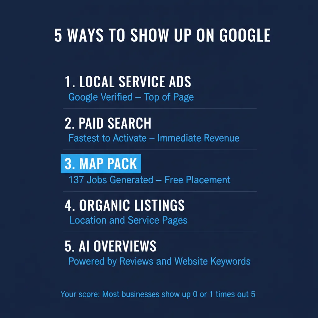 Diagram of the 5 Google search placements for a local business: Local Service Ads at top, then Paid Search, Map Pack, Organic Listings, and AI Overviews at the bottom