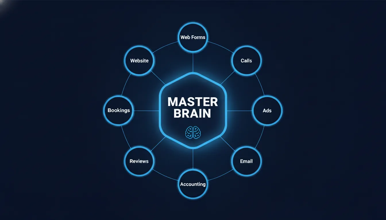 Business master brain diagram: web forms, calls, bookings, ads, email, reviews, website, and accounting all feeding into one central hub