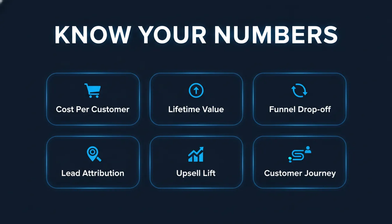 Know your numbers: cost per customer, lifetime value, funnel drop-off, lead attribution, upsell lift, and customer journey tracking