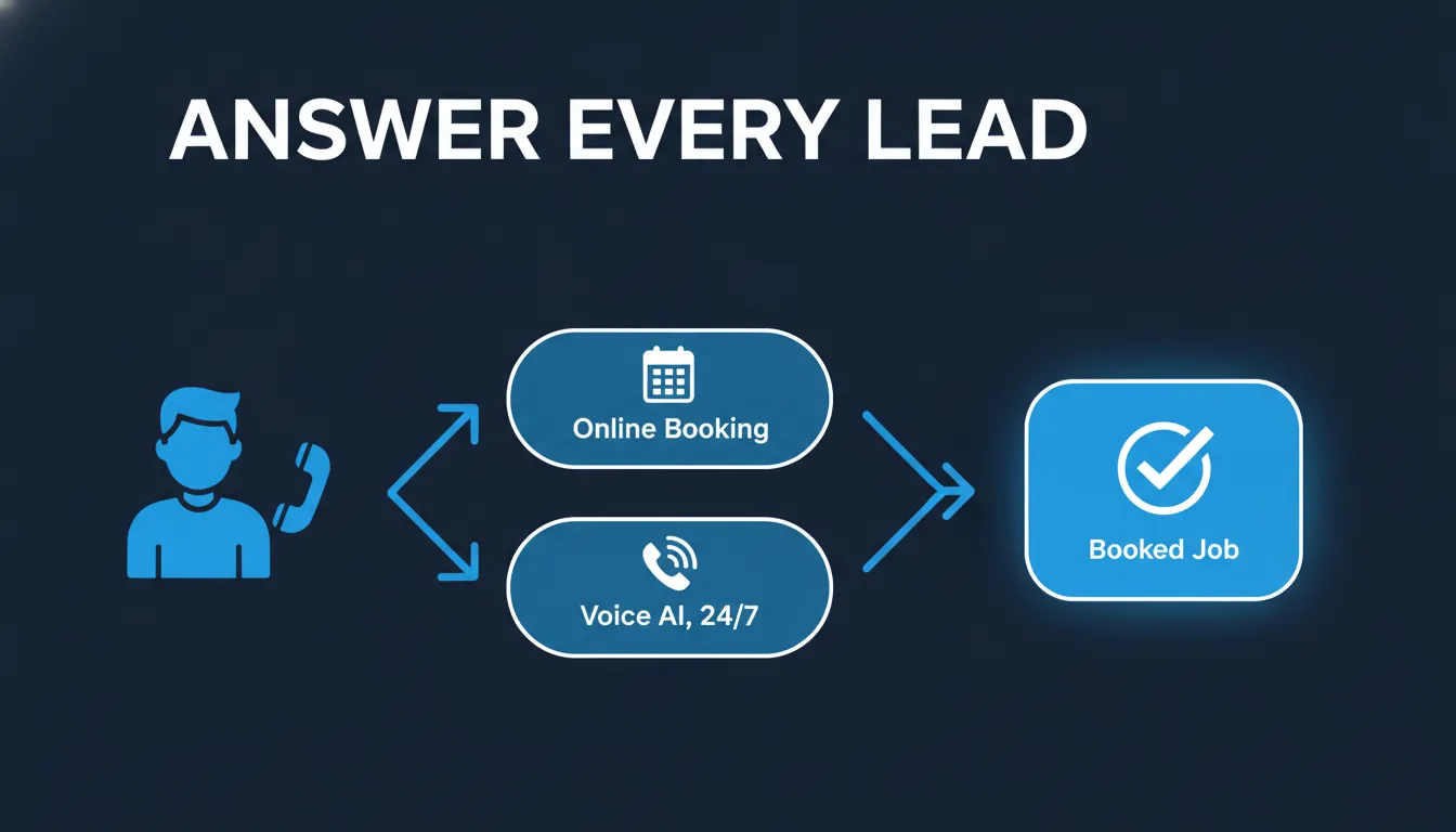 Diagram of how a local business answers every lead: online booking for self-serve customers and a 24/7 voice AI answering calls, both ending in a booked job