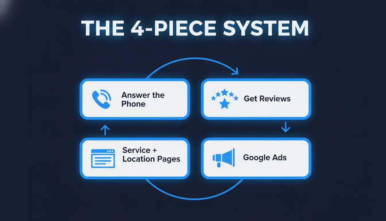 The 4-piece local business marketing system: answer the phone, get reviews, service and location pages, Google Ads