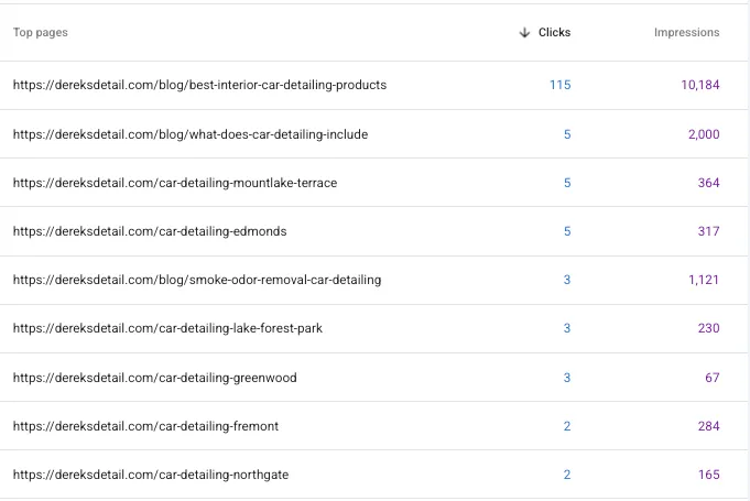 Google Search Console top pages for the detail shop's website: a car detailing products guide with 115 clicks and 10,184 impressions, plus neighborhood location pages for Mountlake Terrace, Edmonds, and Greenwood each pulling in their own search traffic
