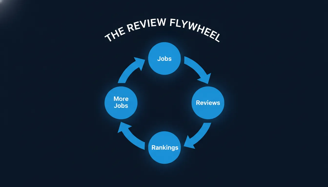 The review flywheel for local business marketing: jobs produce reviews, reviews lift Google rankings, rankings bring more jobs