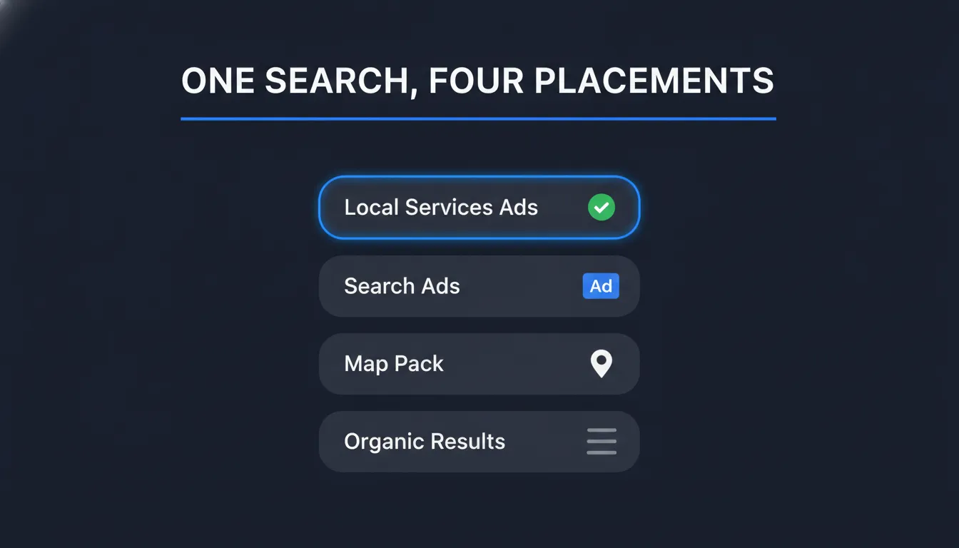 The four placements on a Google search results page: Local Services Ads, search ads, the map pack, and organic results