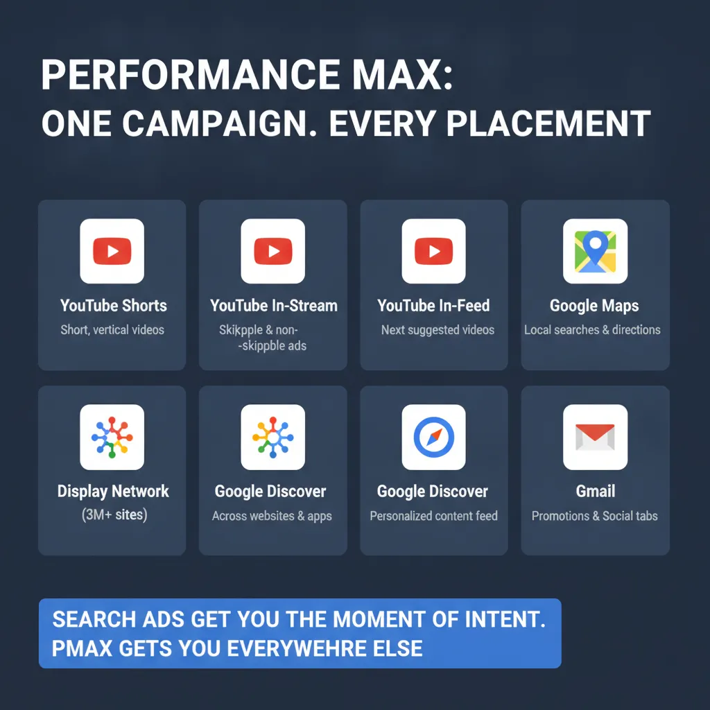 Performance Max ad placements map showing all 7 channels: YouTube Shorts, YouTube In-Stream, YouTube In-Feed, Google Maps sponsored pins, Display Network (3M+ sites), Google Discover Feed, and Gmail